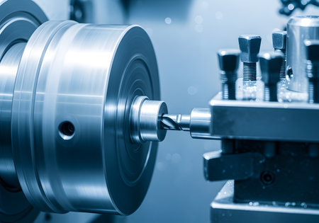 The CNC lathe machine cutting the metal part. The hi-technology automotive part manufacturing process.の素材