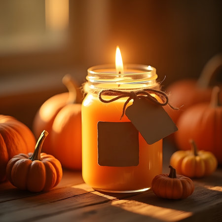 Halloween pumpkin candle in glass jar with tag on wooden table, closeupの素材