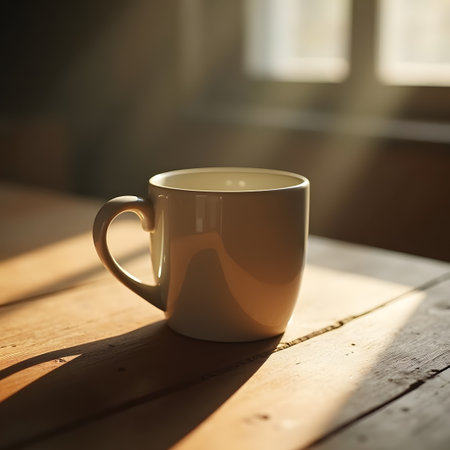 Coffee cup on wooden table in morning sunlight, stock photoの素材