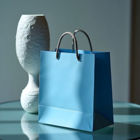 Blue paper bag on glass table with white porcelain vaseの素材