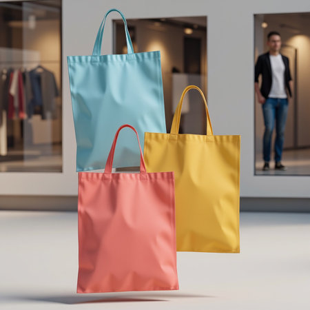 Shopping bags in front of a shop window. 3d renderingの素材