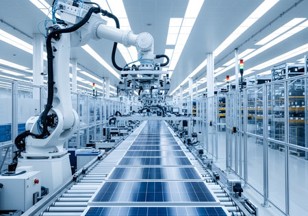Solar panels production line in a factory, note shallow depth of fieldの素材