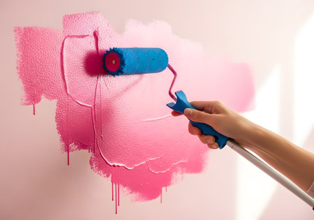 Close up of female hand painting wall with roller. Home renovation conceptの素材