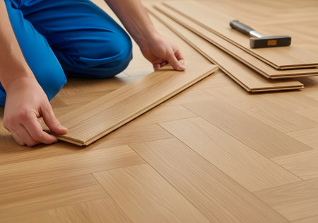 Worker installing laminate flooring in the room, closeupの素材