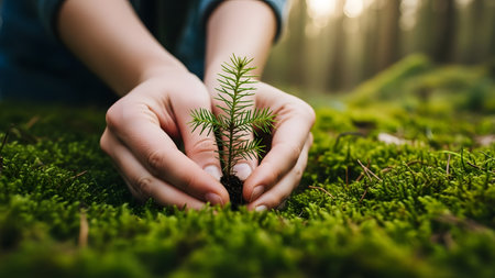Closeup of young woman hands holding small fir tree growing on moss in forestの素材