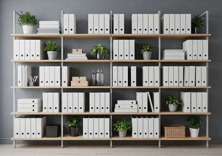 Modern office interior with bookshelf and plants. 3d renderの素材