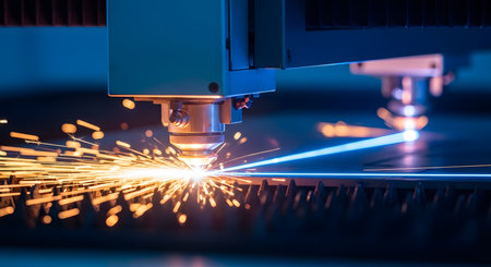 CNC laser cutting metal. Laser cutting machine cutting metal with sparks.の素材