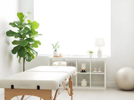 Interior of modern beauty salon with white walls, white floor and white sofa with pillows and flowersの素材