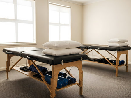 Spa massage room with wooden stretcher and equipment. 3d renderの素材