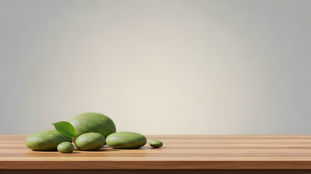 Green mangoes on wooden table over gray background. 3D Renderingの素材