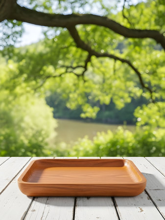 Empty wooden tray on white wooden table over nature background. For product displayの素材