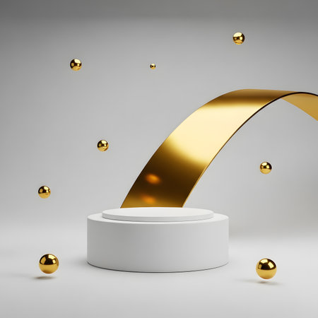 3d render of abstract white podium with gold elements on grey backgroundの素材