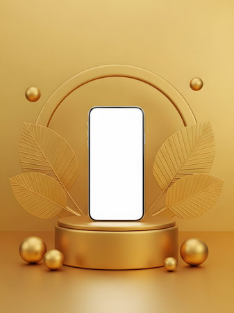 Smartphone with blank screen on golden podium. 3d illustration.の素材