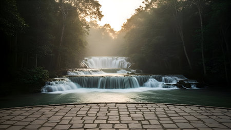 A series of cascading waterfalls flow over rocks within a dark, misty forest. The water appears smooth and blurred due to a long exposure. The atmosphere is hazy with a soft light filtering through the trees from above, suggesting dusk or dawn. The foreground is a paved stone walkway.の写真素材