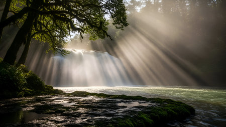 A breathtaking waterfall cascades down a rocky ledge, illuminated by dramatic sunbeams piercing through the dense forest canopy. The light creates a mystical atmosphere, highlighting the mist rising from the water and the moss-covered rocks in the foreground. Lush green trees frame the scene, emphasizing the untouched beauty of this natural landscape.の写真素材