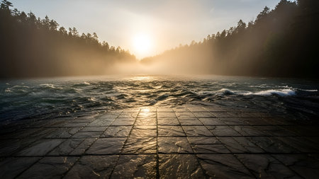 The sun rises over a wide, misty river with choppy water. In the foreground, a dark, stone-tiled pavement stretches towards the water, reflecting the warm light of dawn. Dark silhouettes of trees line the distant banks of the river.の写真素材