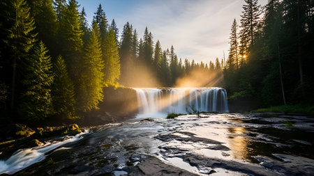 A wide waterfall cascades over dark, wet rocks in a sun-drenched pine forest. Golden sunbeams stream through the trees, highlighting the mist rising from the water. The foreground shows flowing water over textured rocks.の写真素材