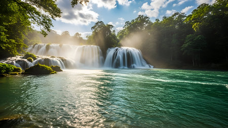 A vibrant scene of a waterfall cascading into a bright turquoise pool of water. The surrounding area is filled with dense, lush green trees and foliage, with some moss-covered rocks visible near the falls. Sunlight filters through the leaves, creating dappled light and highlighting the mist rising from the water. The water's movement is softened by a long exposure effect.の写真素材
