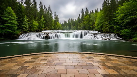 A broad, multi-tiered waterfall flows across a wide rock formation, bordered by a dense pine forest. In the foreground, a neatly paved stone patio with a curved edge provides a man-made element to the natural landscape. The water is a deep green, and the long exposure creates a smooth, flowing effect. The sky is overcast, lending a slightly muted tone to the scene, emphasizing the lush greenery and the power of the water.の写真素材