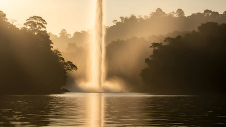 A tall, slender waterfall descends into a calm body of water, enveloped in a thick, golden mist created by the rising sun. The warm light filters through the trees, casting a soft glow on the scene. The surrounding forest is silhouetted against the bright sky, creating an ethereal and peaceful atmosphere.の写真素材