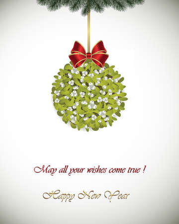 Happy New Year greeting card - Mistletoe decoration with red ribbon. May all your wishes come true.のイラスト素材