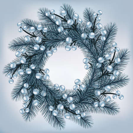 Christmas wreath with silver fir branches and berriesのイラスト素材