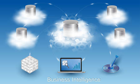 Business Intelligence concept. Cloud data storage. Data processing flow with data sources, ETL, datawarehouse, OLAP, data mining and business analysis.のイラスト素材