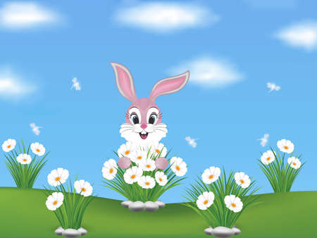 Spring background with pink, cute bunny an lovely white flowers on the field. Dragonflies on the blue sky.のイラスト素材