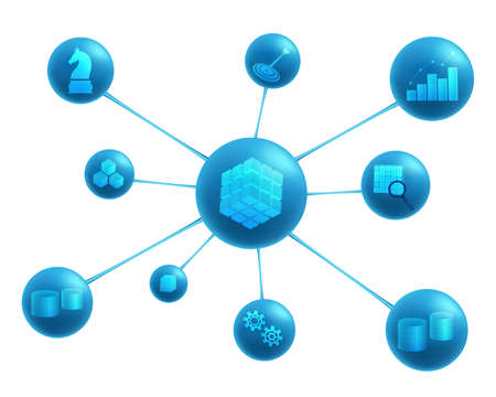Business intelligence elements: data sources , datawarehouse, ETL, OLAP cube, data marts, data mining, analysis, decision making, targets.  Business intelligence abstract representation.のイラスト素材