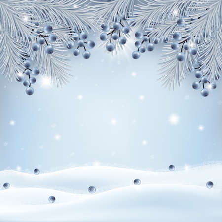 Christmas background with silver colour fir branches, blueberry decoration and sparkling snowfall. Vector illustration.のイラスト素材