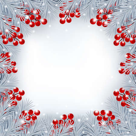 Winter background with silver color fir branches and red holly berries border. Vector illustrationのイラスト素材