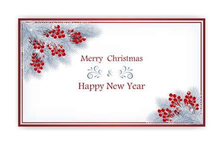 Christmas card with berries and fir branches decorations. Vector paper illustrationのイラスト素材