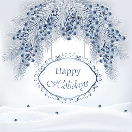 Winter background with Happy Holidays silver frame and sparkling snow. Vector illustrationのイラスト素材
