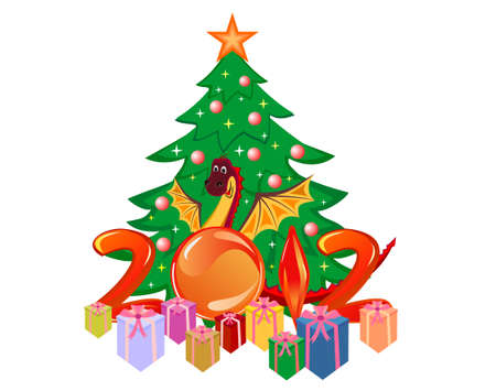Dragon with presents near the fir-treeのイラスト素材