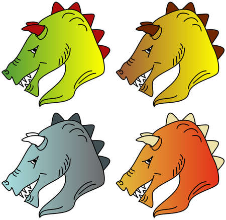 Illustration of a dragon's head in four color variations: Green, yellow, grey and redのイラスト素材