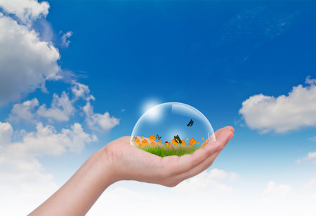 Hand hold Bubbles with flower on grass and butterfly in the sky