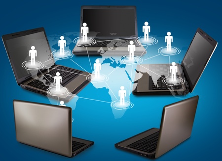 Social networking concept : Laptop with social network on world mapの写真素材