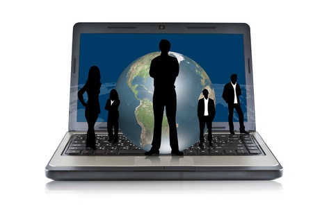 Laptop with silhouette people and earthの写真素材