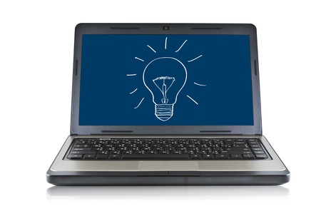 Laptop with screen and bulb isolated on white backgroundの写真素材