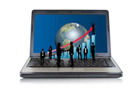 Laptop with silhouette people and earthの写真素材
