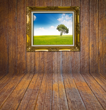 Nature photo on wood wallの写真素材