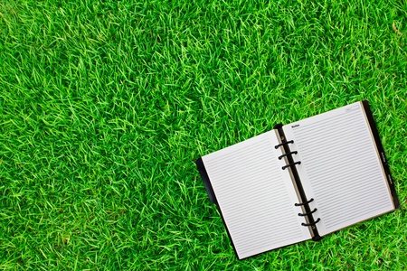 Old notebook on fresh spring green grass.の写真素材