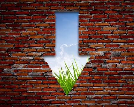 Brick wall with left arrow , grass and skyの写真素材