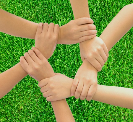 Photo of raised hands isolated on white background.の写真素材