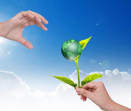 Eco concept : Earth in hands over blue skyの写真素材