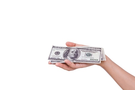 Hands holding dollars isolated on white backgroundの写真素材