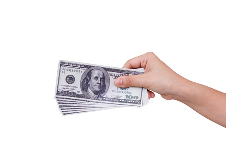 Hands holding dollars isolated on white backgroundの写真素材