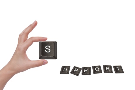 Word " support " and female hand, business concept, isolated on white backgroundの写真素材