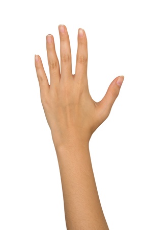Woman hand making sign. Isolated on white backgroundの写真素材
