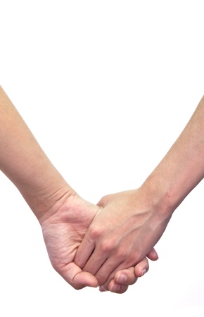 Hand touches hand isolated on white background.の写真素材